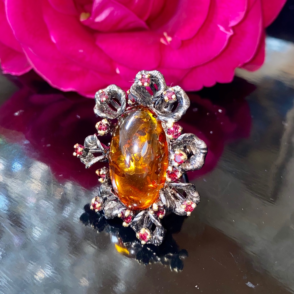 Luxurious Genuine Amber Rhodolite Garnet Ring